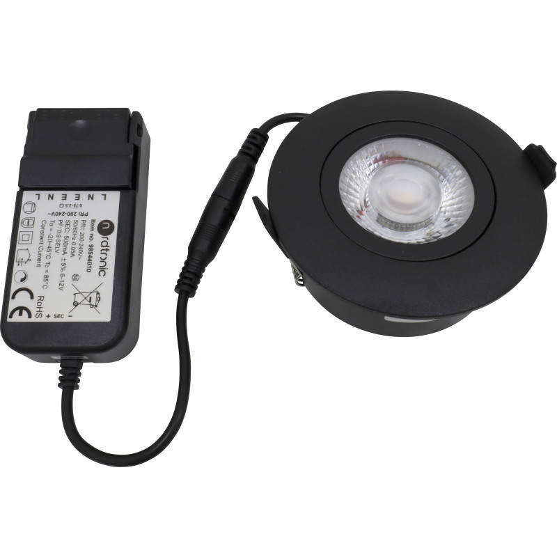 Nordtronic Low Profile Flexible indbygningsspot, driver, Ø8,3 cm, sort, 2700K