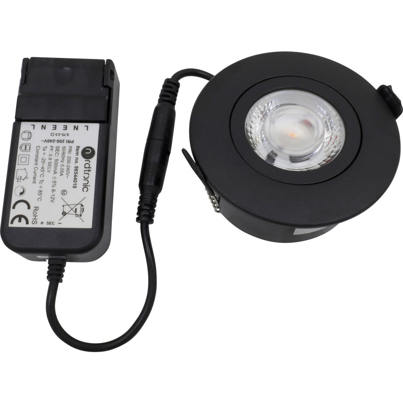 Nordtronic Low Profile Flexible udendørs indbygningsspot, driver, Ø7,5 cm, sort, 3000K